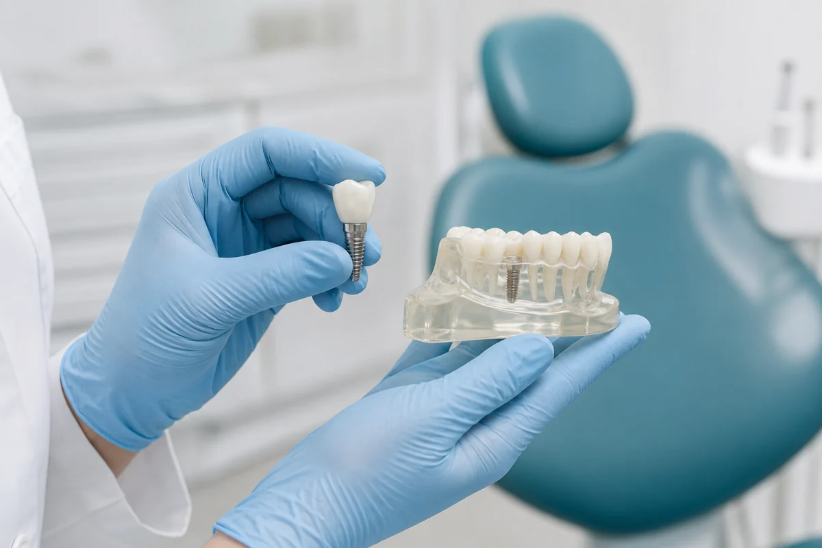 Representación ilustrativa de un implante y un modelo dental